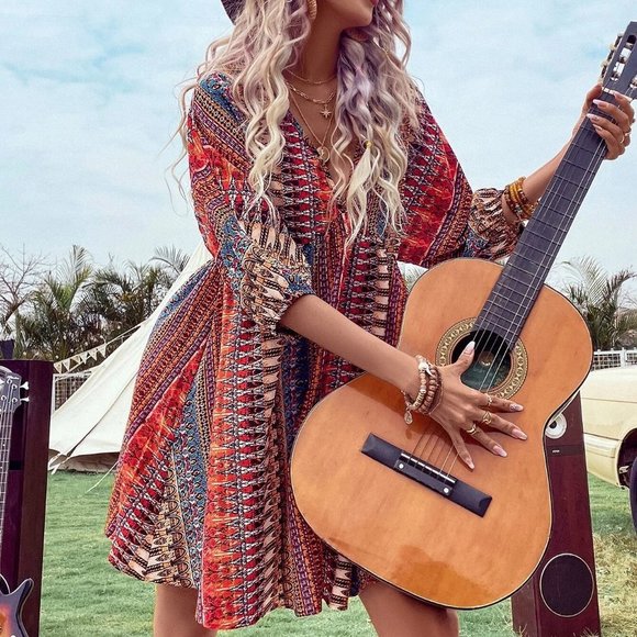 Red Boho Womens Geo Print Batwing Sleeve Smock Dress - Picture 5 of 5